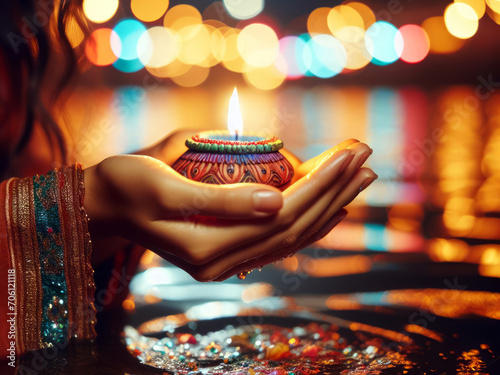a woman hands is holding a colorful diwali lit candle and throat it into the river at night, diwali images, close-up in the hands