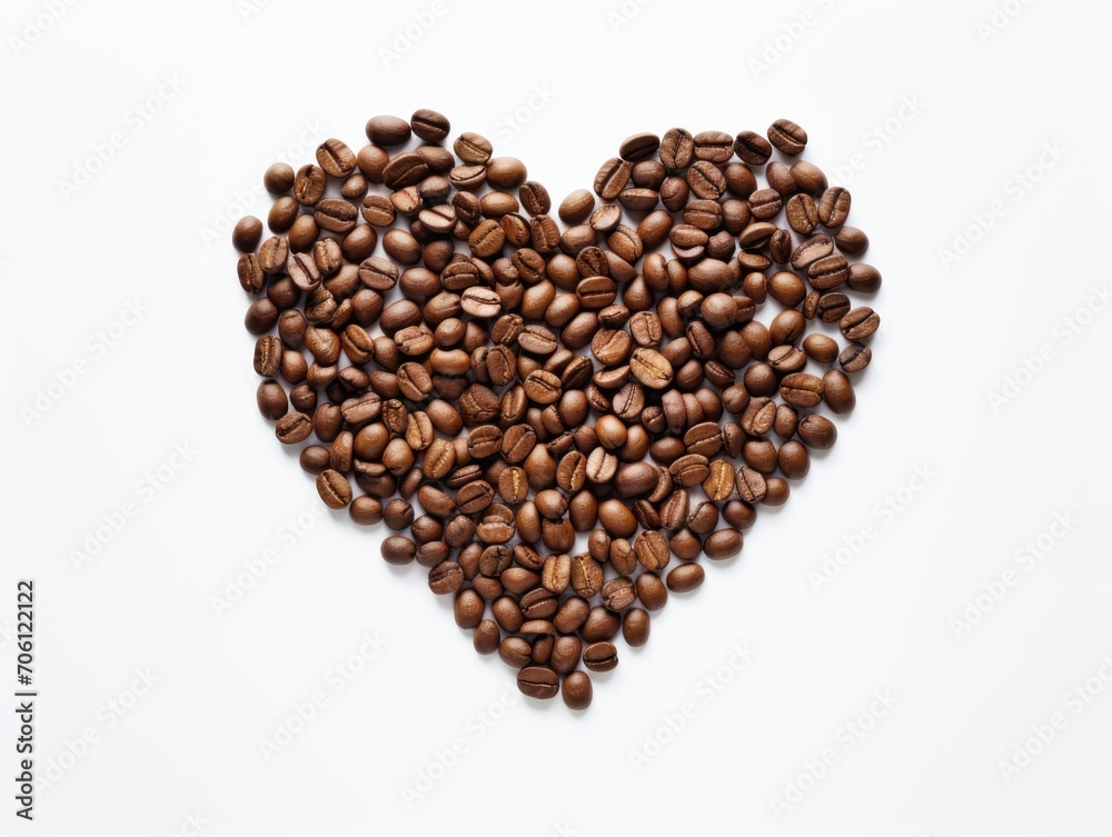 Heart-shaped coffee beans, top view, flat lay, white background Heart-shaped coffee beans, top view, flat lay, white background