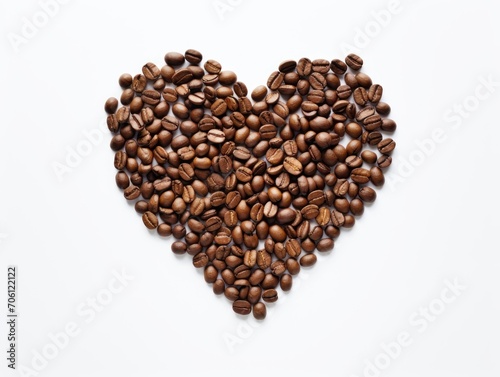 Heart-shaped coffee beans, top view, flat lay, white background