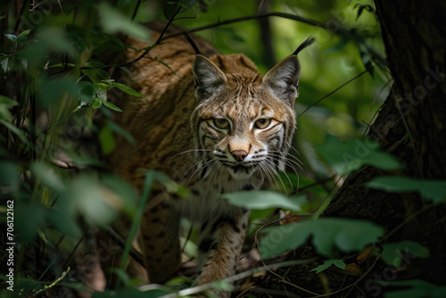 The stealthy presence of a Bobcat amidst the shadows of the forest
