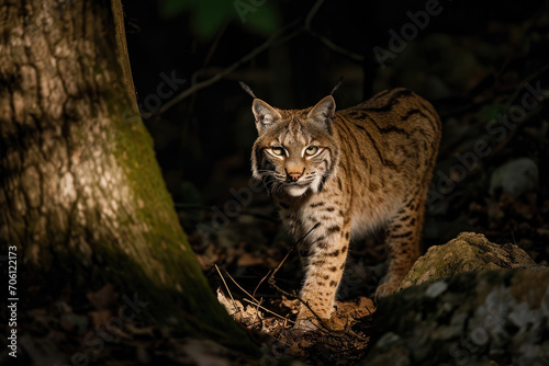 The stealthy presence of a Bobcat amidst the shadows of the forest