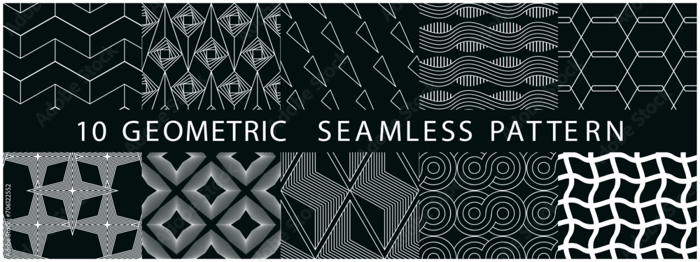 Set of Geometric seamless patterns. Abstract geometric square graphic pattern. Seamless geometric triangle pattern. Black and white pattern - obrazy, fototapety, plakaty 