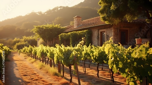 Rows of neatly lined grapevines in a sun-drenched vineyard, with a charming stone cottage in the background