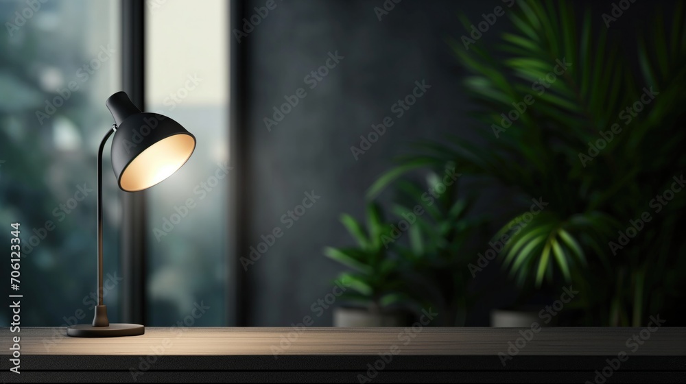 Modern stylish dark workspace tabletop with table lamp.