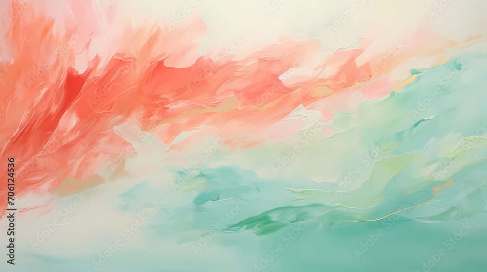 Lively brushstrokes of coral and seafoam green converging, forming an ocean of abstract delight.