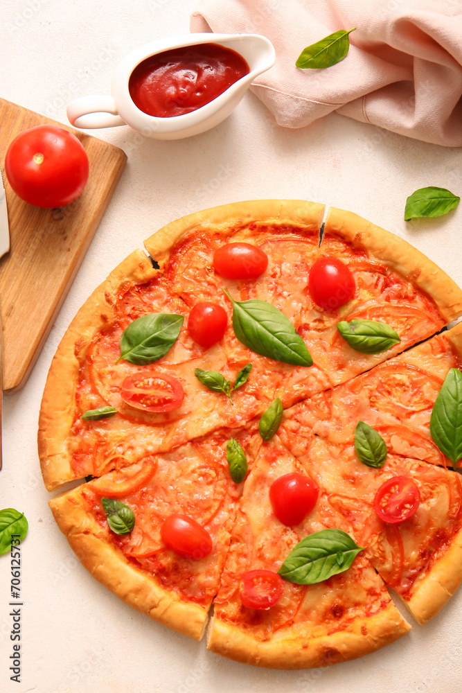 Tasty pizza margarita on white background