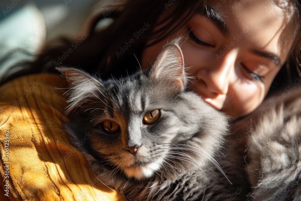 Happy young asian woman hugging cute grey persian cat on couch in living room at home, Adorable domestic pet concept.