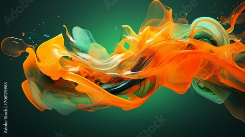 Luminescent orange and emerald green liquids colliding and intertwining, creating a surreal dance of color and movement in a high-definition 3D abstract space.