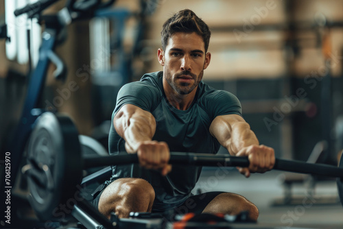 male Gym Member Using The Rowing Machine