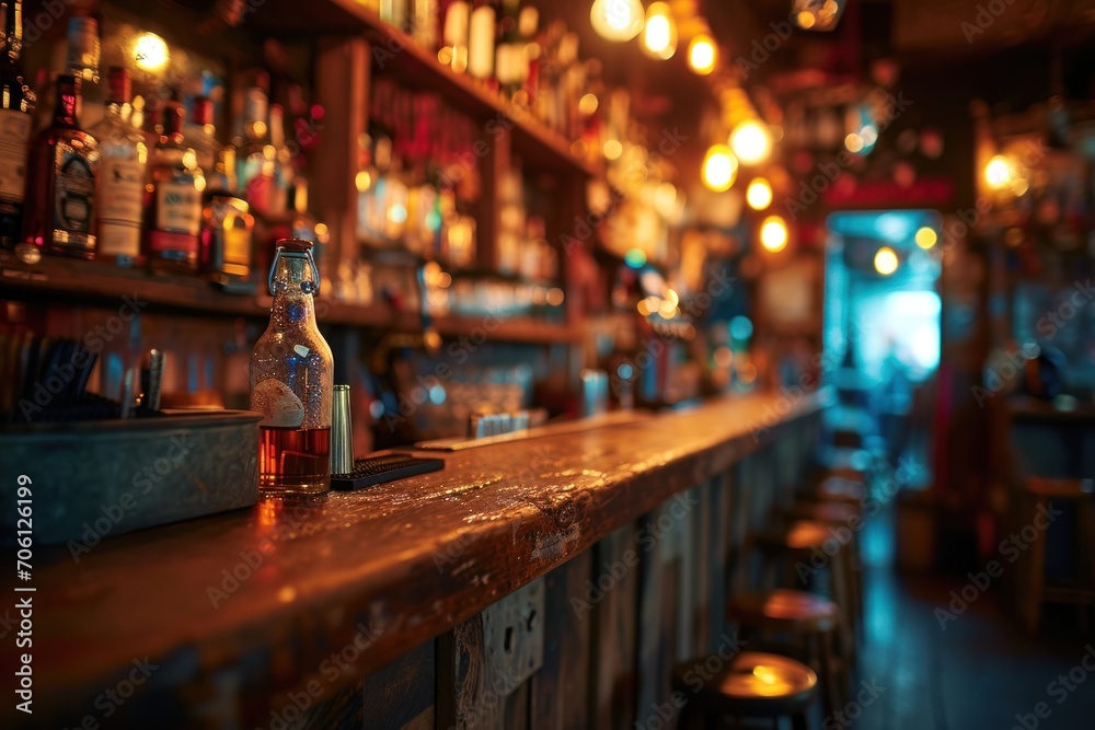 vintage bar and blurred shelves with liquor bottles in the background.