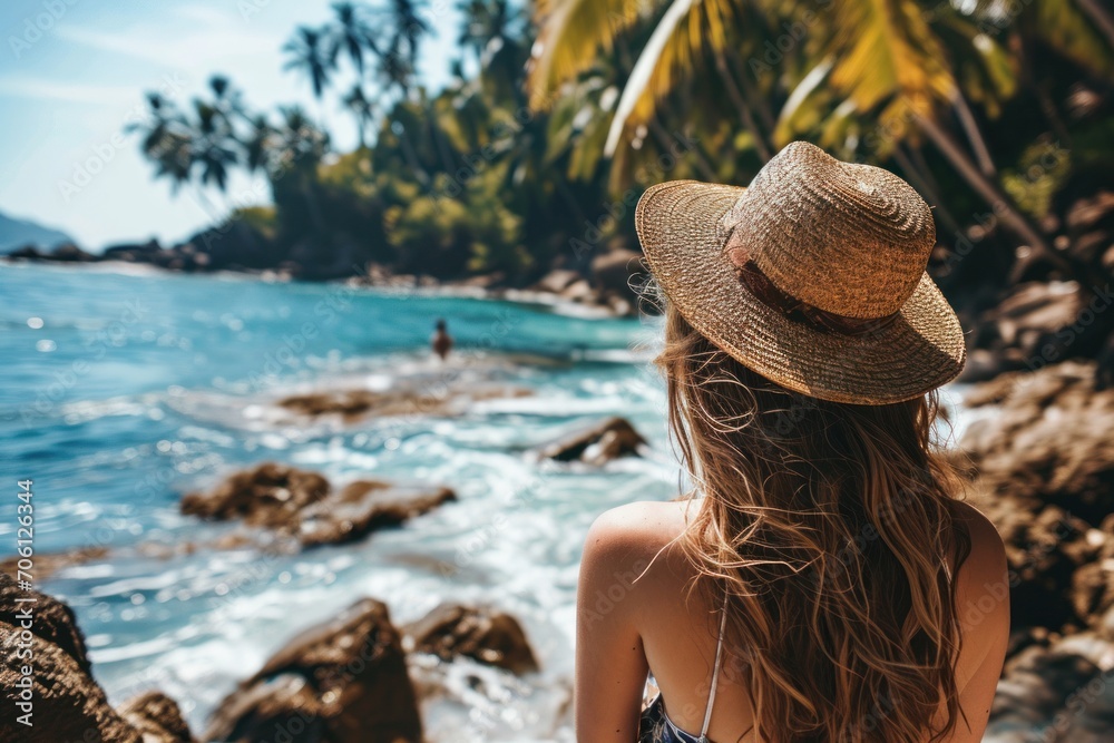 Summer beach vacation concept, Happy woman with hat relaxing at the seaside and looking away,