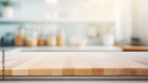 Empty beautiful wood table top counter and blur bokeh modern kitchen interior background in clean and bright,Banner, Ready for product montage. Generative AI illustration photo