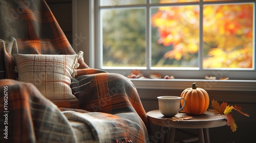 A cozy reading nook with a plaid blanket, a side table holding a mug of warm tea, and a small pumpkin for added charm