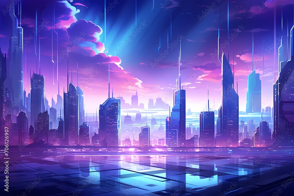 Futuristic cityscape with skyscrapers featuring dynamic light displays, set against a gradient sky of neon blues and purples.