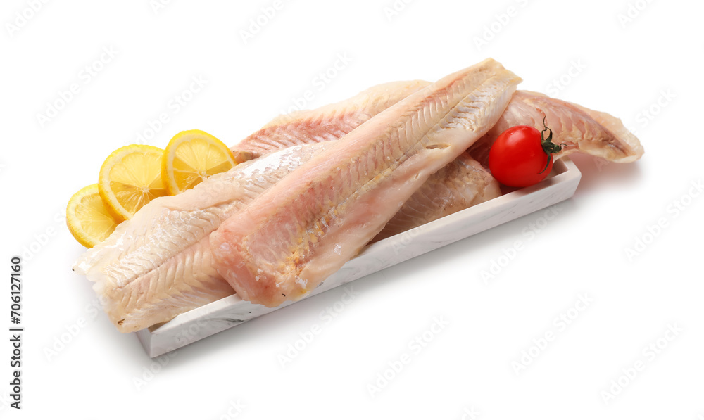 Plate of raw codfish fillet on white background Plate of raw codfish fillet on white background