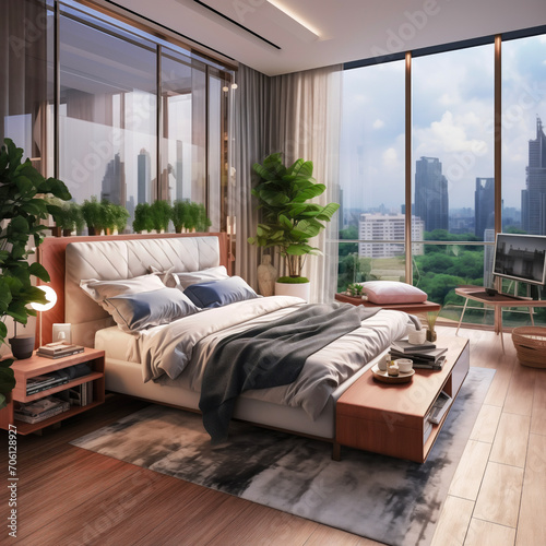 Modern bedroom city view, floor to ceiling windows, warm colors, contemporary interior design.