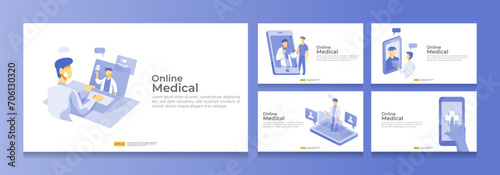 Call and chat doctor diagnostic support bundle set. online health care service and medical advice. template for web landing page, banner, presentation, social, poster, ad, promotion or print media photo
