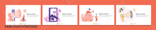 refer a friend illustration bundle set. affiliate marketing strategy. people character shout megaphone sharing referral business partnership earn money for web landing page, banner, poster print media