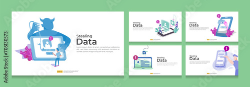 password phishing attack and stealing personal data concept bundle set. internet security for web landing page, banner, presentation, social, and print media template. Vector illustration