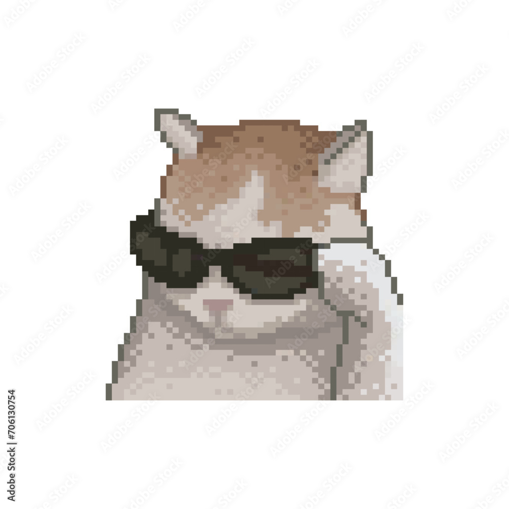 Cute kitten with glasses, pixel art meme