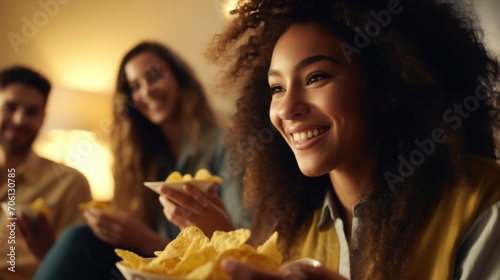 Closeup of a group of friends eating snacks and catching up on their video call.