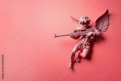 Sculpture of angel with gun in hands on pastel pink background. Cupid angel statue with rifle. Copy space for text. For banner, card. concept of love and Valentine's day