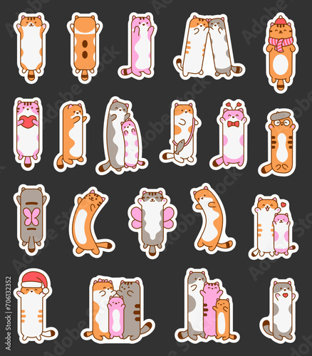 Big cat plush pillow. Sticker Bookmark. Long cute toy and characters. Hand drawn style. Vector drawing. Collection of design elements.