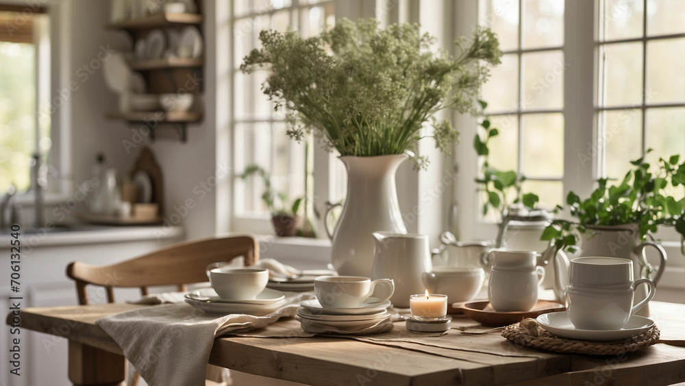 Fototapeta premium photos capturing the tranquil and inviting atmosphere of farmhouse kitchen table during morning rituals