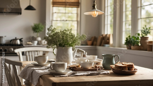 photos capturing the tranquil and inviting atmosphere of farmhouse kitchen table during morning rituals