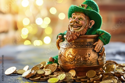 Pot of gold coins and Leprechaun Saint Patrick's Day theme 