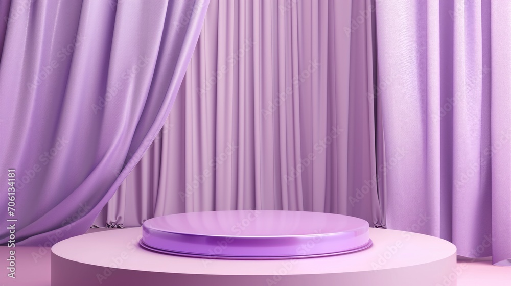 Empty minimal purple podium with curtains for product display.