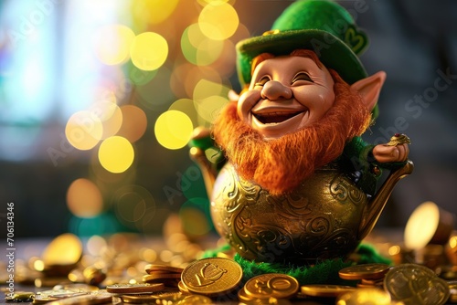 Pot of gold coins and Leprechaun Saint Patrick's Day theme photo