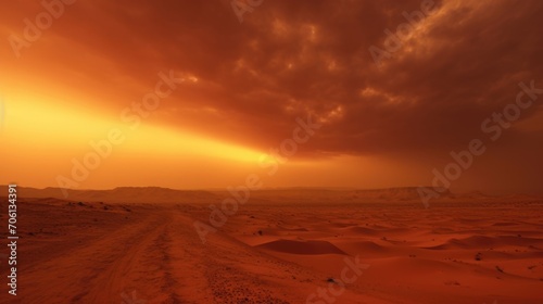 The sun is just a faint glow in the midst of this allconsuming dust storm, imposing its power over the barren terrain.