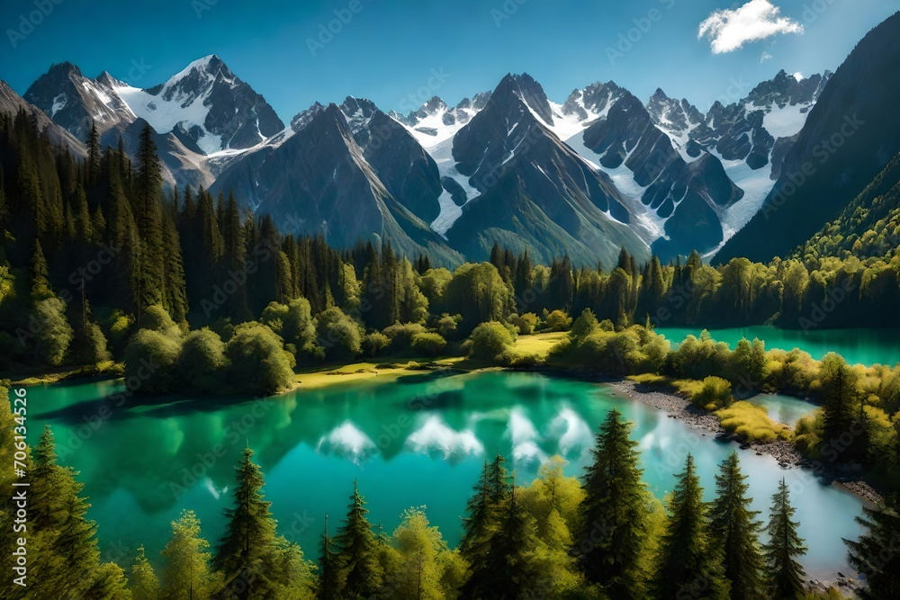 A picturesque scene of a serene lake surrounded by lush greenery, majestic trees, and towering mountains,
