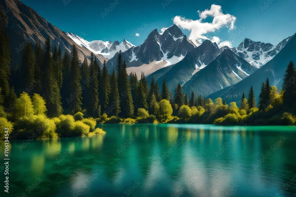 A picturesque scene of a serene lake surrounded by lush greenery, majestic trees, and towering mountains,