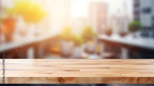 Empty beautiful wood table top counter and blur bokeh modern kitchen interior background in clean and bright,Banner, Ready for product montage. Generative AI illustration