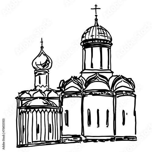 View of two Russian orthodox temples. The Trinity Lavra of St. Sergius. Troitskaya Laura. Churches of Zagorsk Monastery. Hand drawn linear doodle rough sketch. Black and white silhouette.