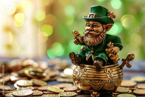 Pot of gold coins and Leprechaun Saint Patrick's Day theme photo