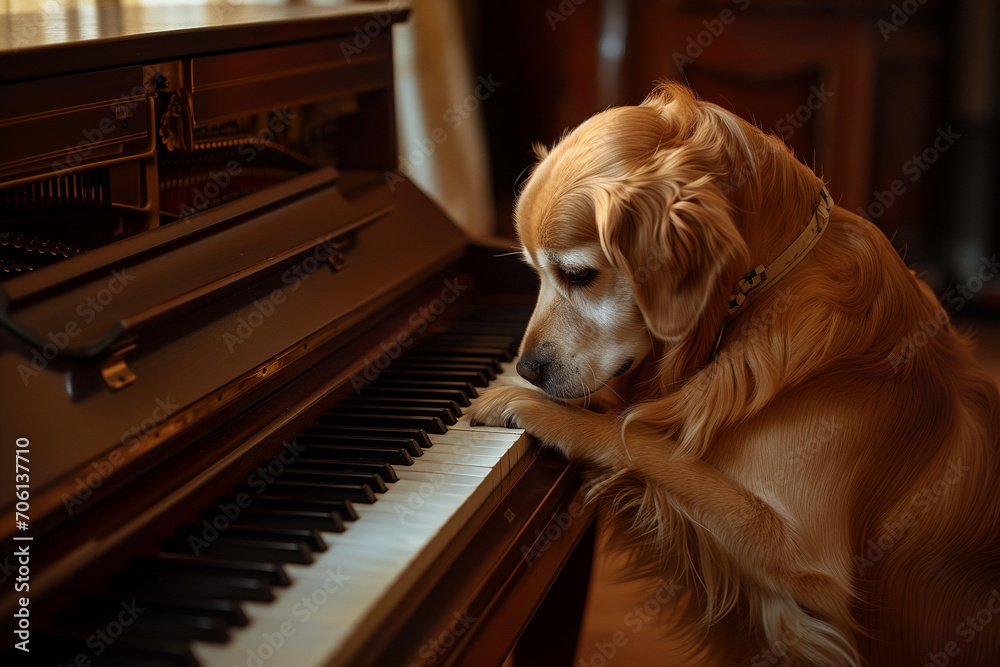 ピアノを弾いているワンちゃん　しょんぼり　反省