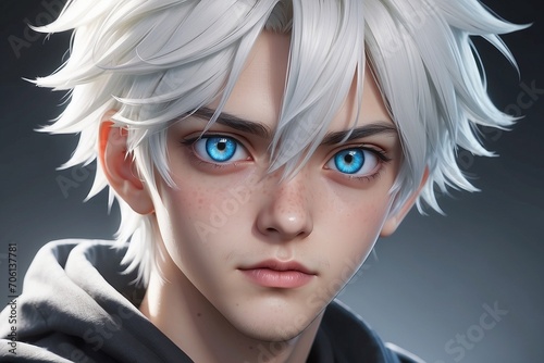 3D Anime face portrait boy with white hair