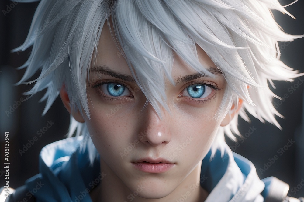 Anime cartoon artwork of a 20 year old boy with short white hair Stock