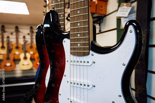 Electric guitar in a music shop. Close-up of electric guitar