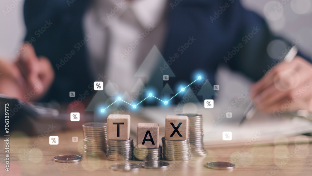 Tax concept with coins stacks and effective tax deduction planning for individuals and companies paying tax rates, Annual tax deduction, business financial budget, development or business growth - obrazy, fototapety, plakaty 