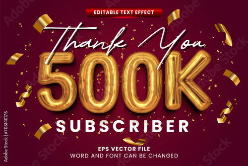 500 K subscriber 3d golden foil balloon editable vector text effect