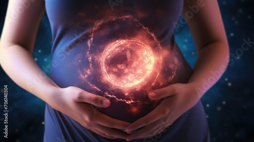 A closeup photo of a pregnant womans belly, gently cradling a growing embryo and showcasing the miraculous beginning of new life. photo