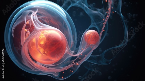 The embryo floats in the amniotic sac, connected to the outside world by the vital umbilical cord and placenta, ensuring its growth and development. photo