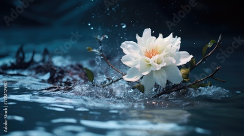 Like a beacon of beauty in a sea of destruction, a single flower gracefully glides through the rushing floodwaters.