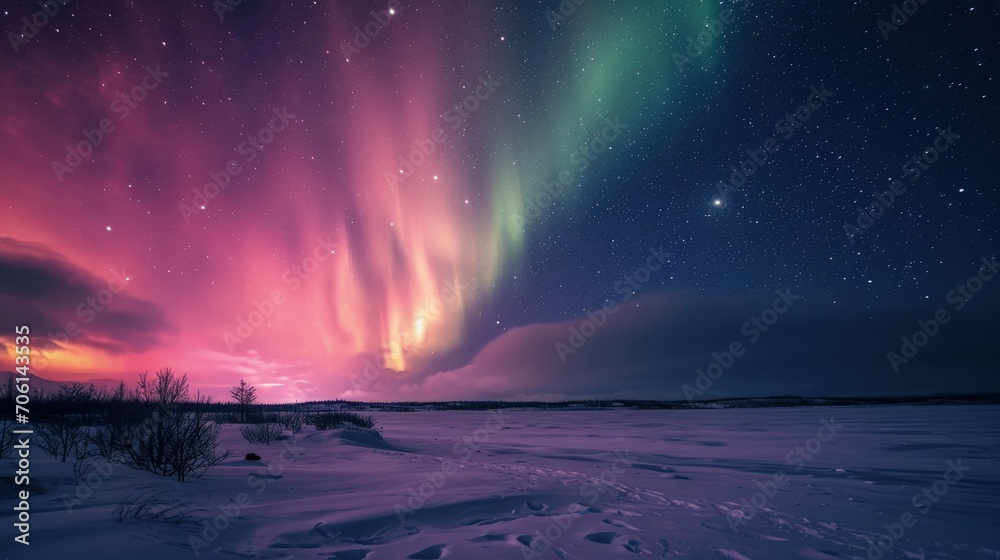 Colorful aurora borealis, northern lights in the sky above snowy fields