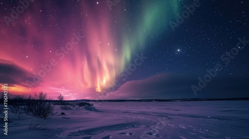 Colorful aurora borealis, northern lights in the sky above snowy fields © Samed