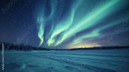 Colorful aurora borealis  northern lights in the sky above snowy fields
